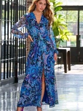 Boston Proper Blue Paisley Maxi Dress with Front Slit